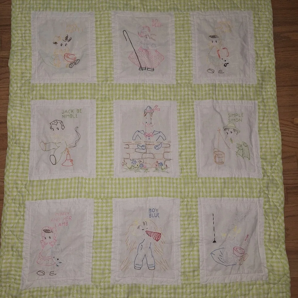 Vtg Quilt Baby Nursery Rhyme  Embroidered Block Gingham Green 4x3 Cottagecore
